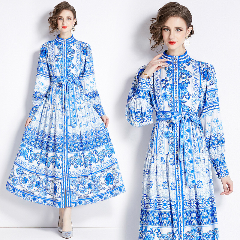跨境新款女装现货欧美时尚宫廷风立领单排扣青花瓷印花连衣裙