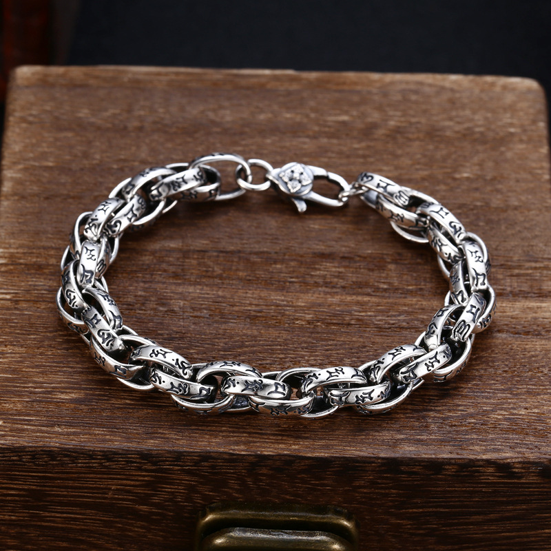 批发s925纯银手链男士粗款 六字真言泰银复古做旧潮流个性饰品