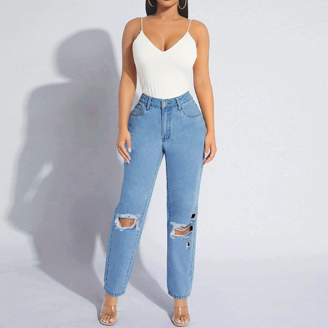 Dzt004# Europe and America Cross Border Amazon EBay AliExpress Wish plus Size Women's Ripped Denim Trousers