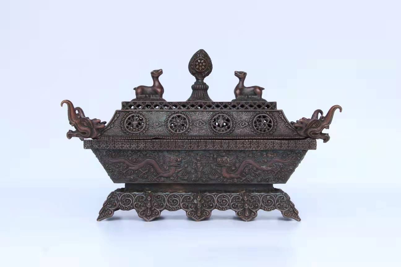 纯铜藏式卧香炉家用长方供佛香炉二龙戏珠纯铜吉祥八宝熏香炉