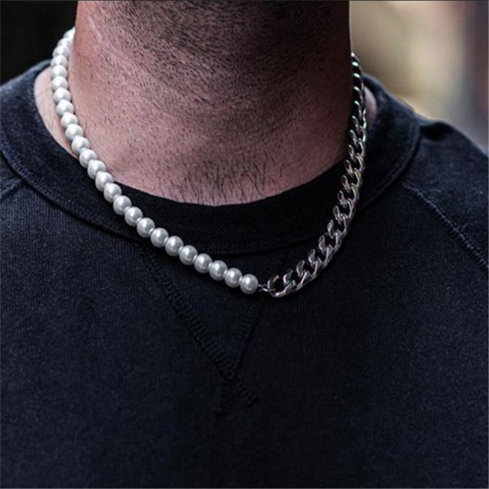 Stitching Stainless Steel Cuban Chain Pearl Chain Necklace Men's Colorfast Titanium Steel Men's Pearl Necklace Trendy Cool