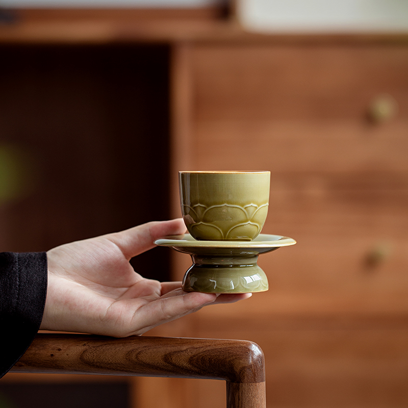 越窑秘色陶瓷仿宋茶杯中式复古莲花茶盏品茗杯家用主人杯单杯个人