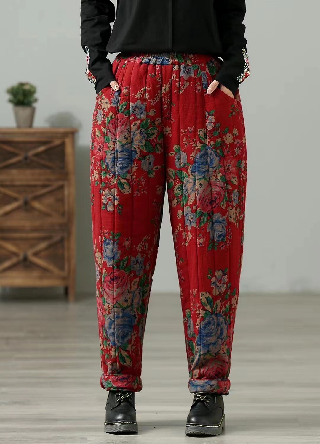 民族风东北大花棉裤女冬外穿中老年妈妈裤复古加厚宽松直筒哈伦裤