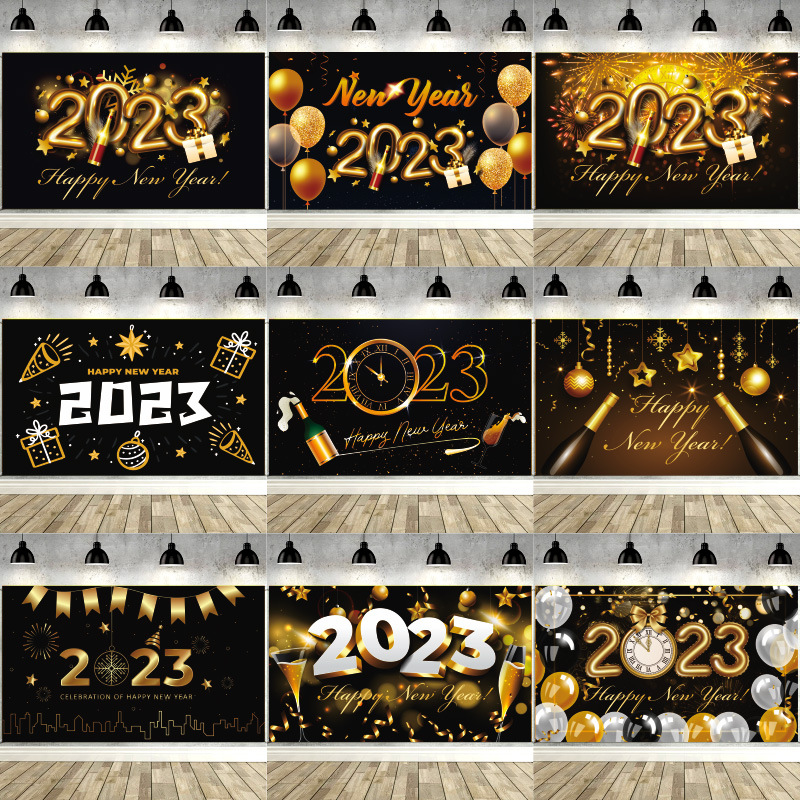 New 2023 New Year Banner Background Fabric New Year Celebration Decorations Black Gold Series New Year Background Tapestry Flag