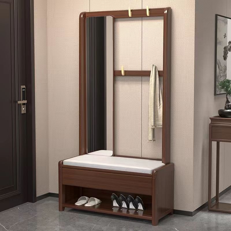 jq实木挂衣架带镜子一体小户型落地卧室门口多功能鞋架收纳衣帽架