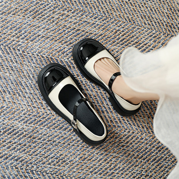 英伦学院风娃娃圆头小皮鞋女夏季浅口平跟一字扣玛丽珍鞋时尚单鞋