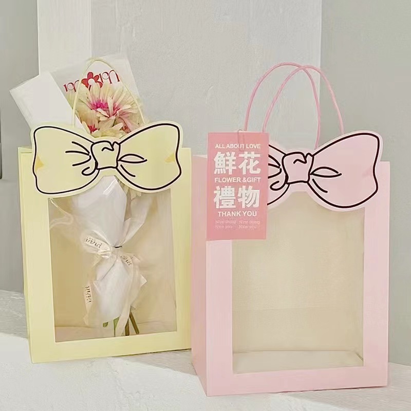 Valentine's Day Packaging Bag Transparent Window Bow Flower Packaging Handbag Doll Birthday Gift Paper Bag