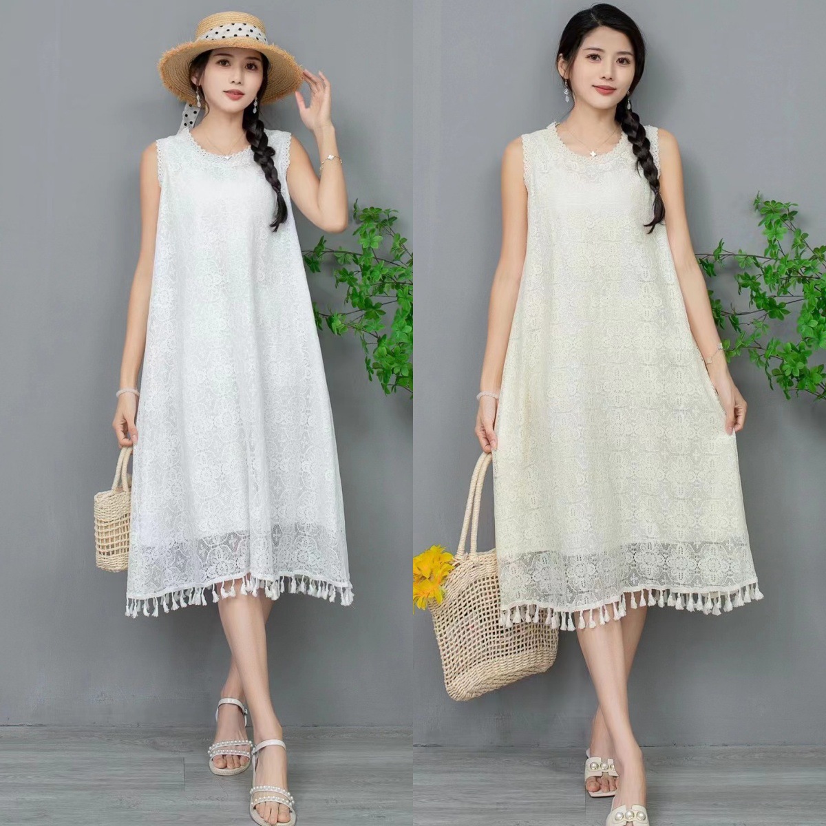 棉麻连衣裙 2024新款云南新疆三亚镂空针织棉内衬女士流苏连衣裙