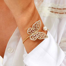 欧美跨境热卖饰品  气质时尚镂空蝴蝶手镯开口可调节珍珠手环手饰