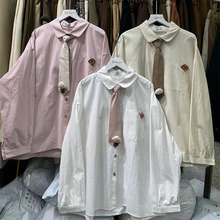 韩系甜美学院风POLO领撞色领带蘑菇衬衫长袖百搭减龄小众休闲上衣