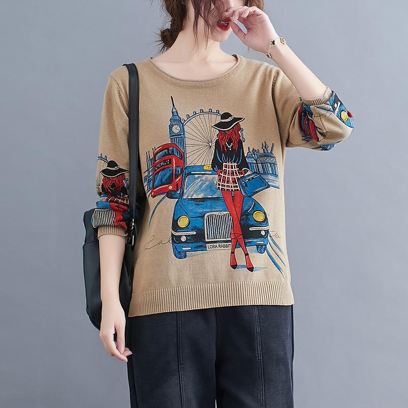 Special Clearance Autumn and Winter New Large Size Retro Artistic Large Size Loose round Neck Print Long Sleeve Sweater Women‘s Clothing