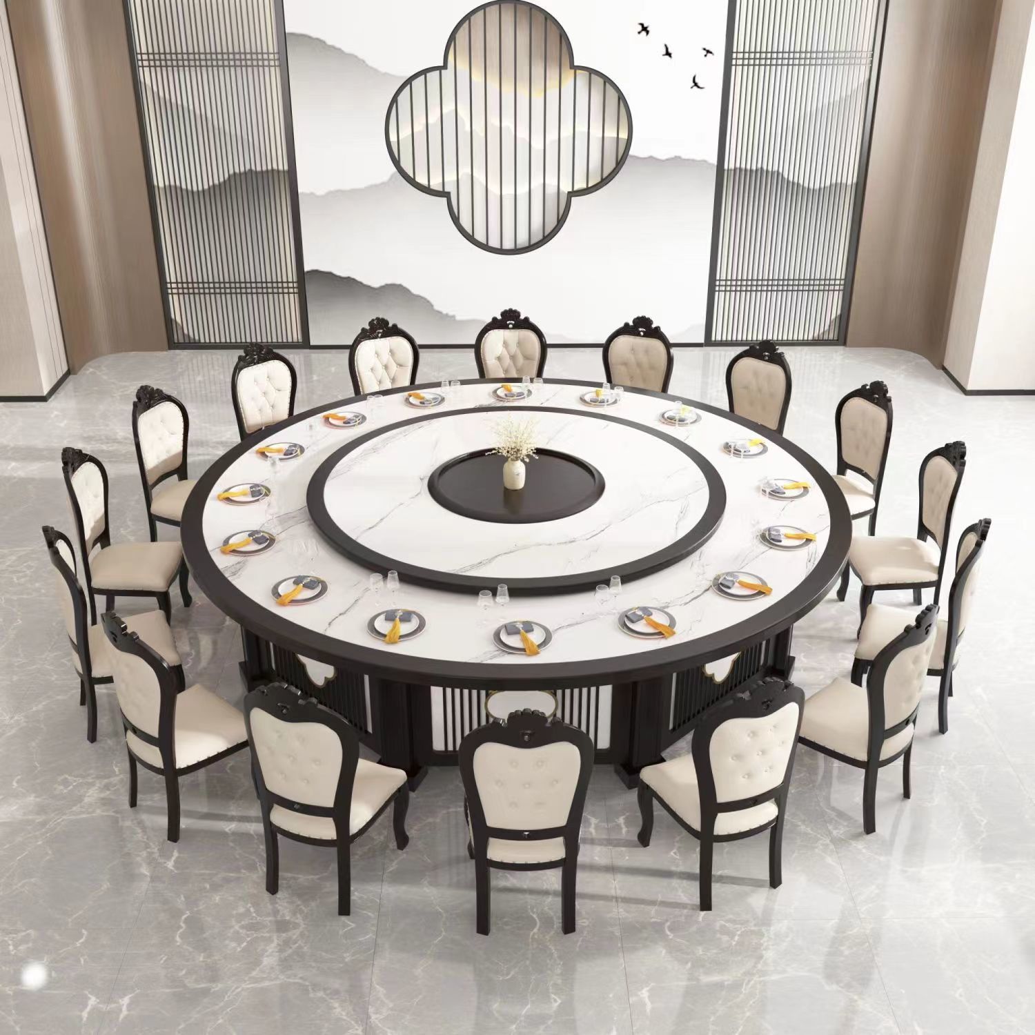 圆桌新中式黑檀色圆餐桌豪华酒店大圆桌转盘1520人包厢中式圆形桌