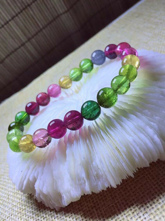 丹利水晶 碧玺手链 彩虹碧玺单圈圆珠手链