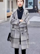 2023年秋冬双面尼灰格连帽羊毛大衣女