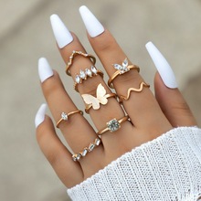 亚马逊跨境新款蝴蝶镶钻戒指套装 几何韩式风动物百搭八件套戒指