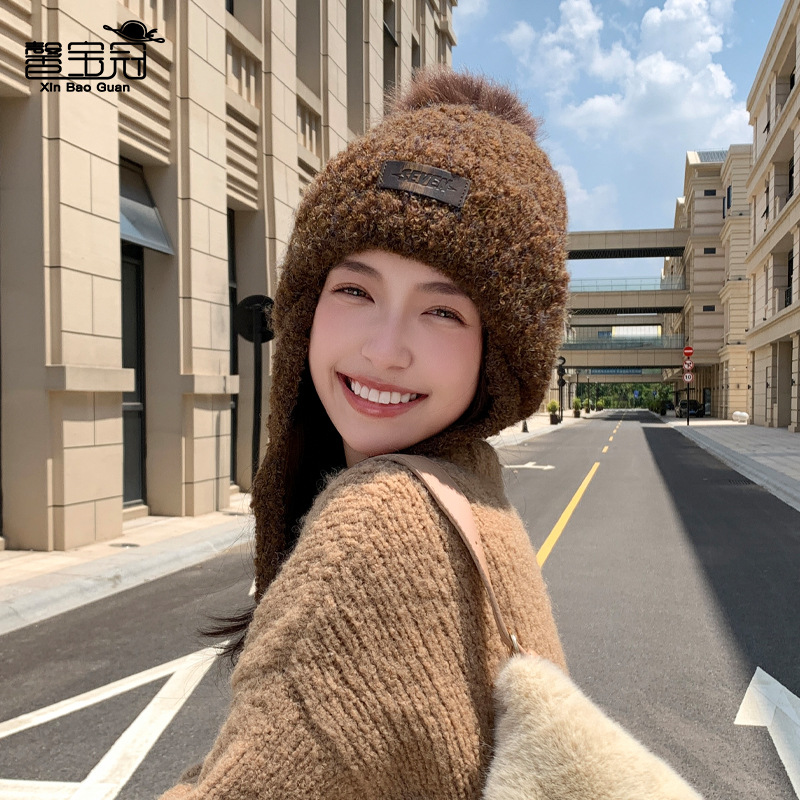 autumn and winter korean style plush bonnet women‘s fleece-lined warm ear protection knitted woolen cap face-showing little wild pullover ushanka