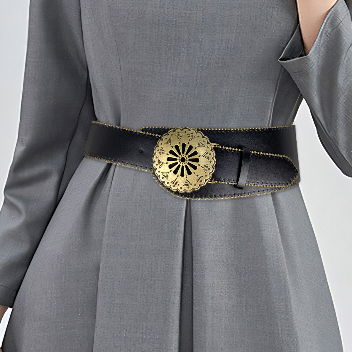街头复古金属装饰腰封秋冬新款大衣收腰连衣裙外搭腰带宽皮带批发