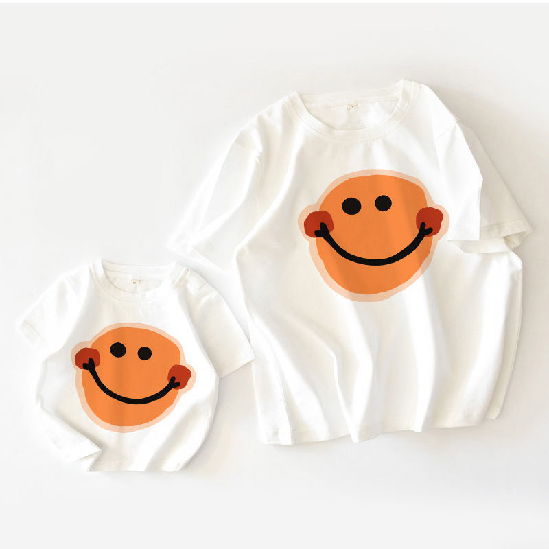 包邮纯棉白色t恤笑脸夏季新款亲子装母女短袖亲子t恤一家三口上衣