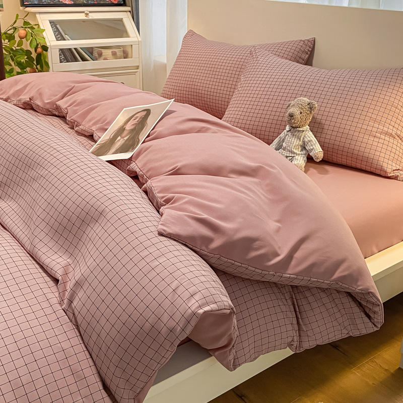 日式无印ins风水洗棉床品四件套床笠简约格子床单被套床上三件套