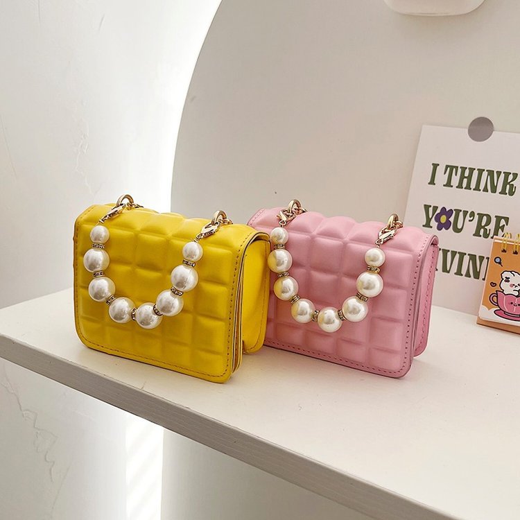 Children's Plaid Pearl Pouch 2023 New Fashion Small Square Bag Children Princess Style Coin Purse Messenger Bag Fashion