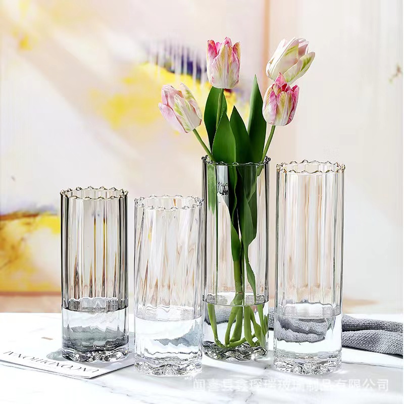 Light Luxury and Simplicity Phnom Penh Straight Glass Bottle Transparent Glass Vase Hydroponic Rich Bamboo Rose Flower Vase Wholesale