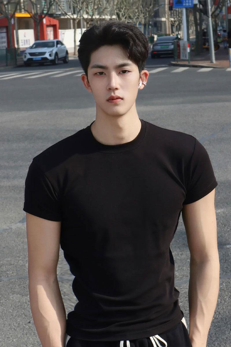 t黑色修身紧袖口t恤男300g重磅夏季显肌肉短袖小领口成熟稳重男装