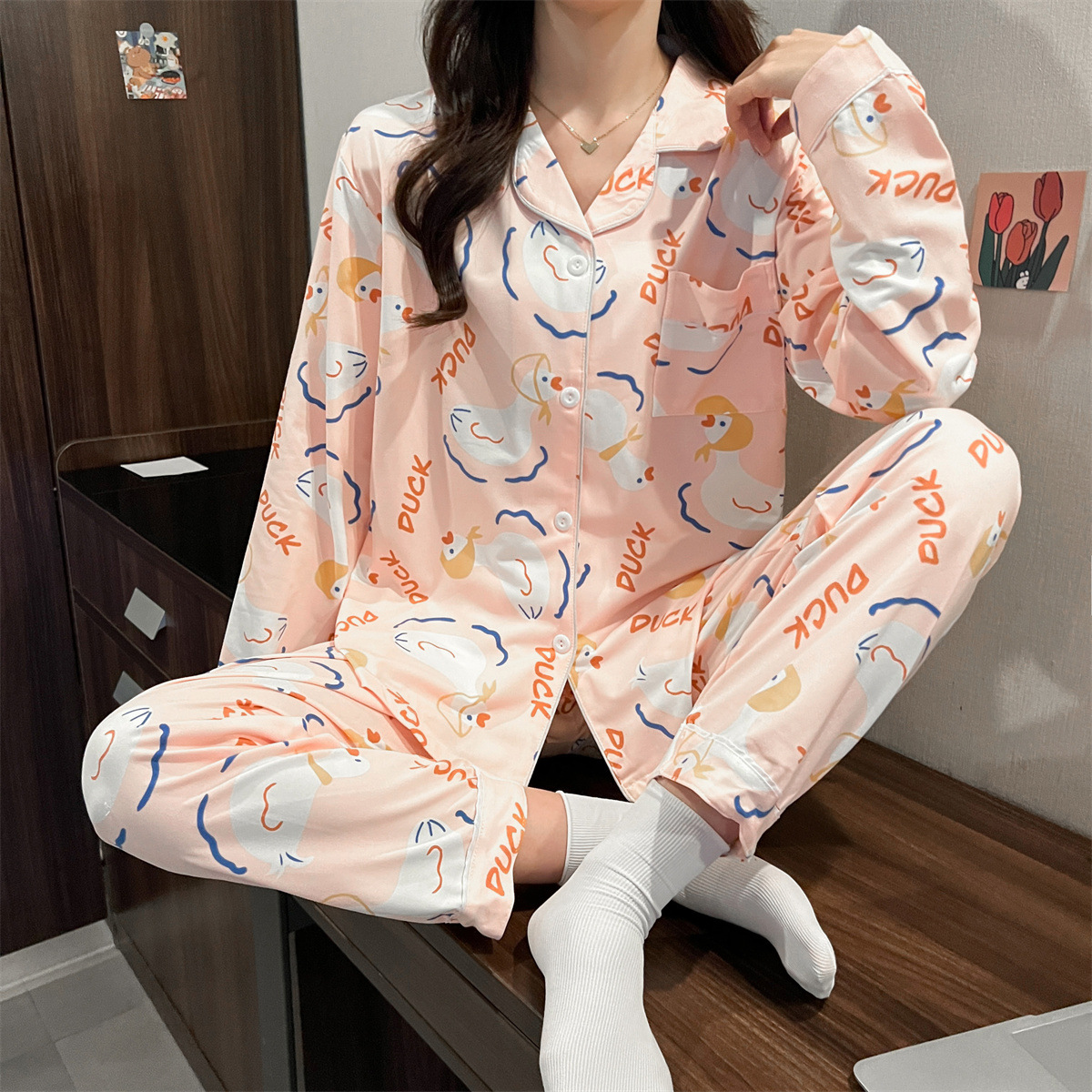 春秋季多款开衫长袖长裤睡衣女卡通可爱女士居家睡衣套装一件代发