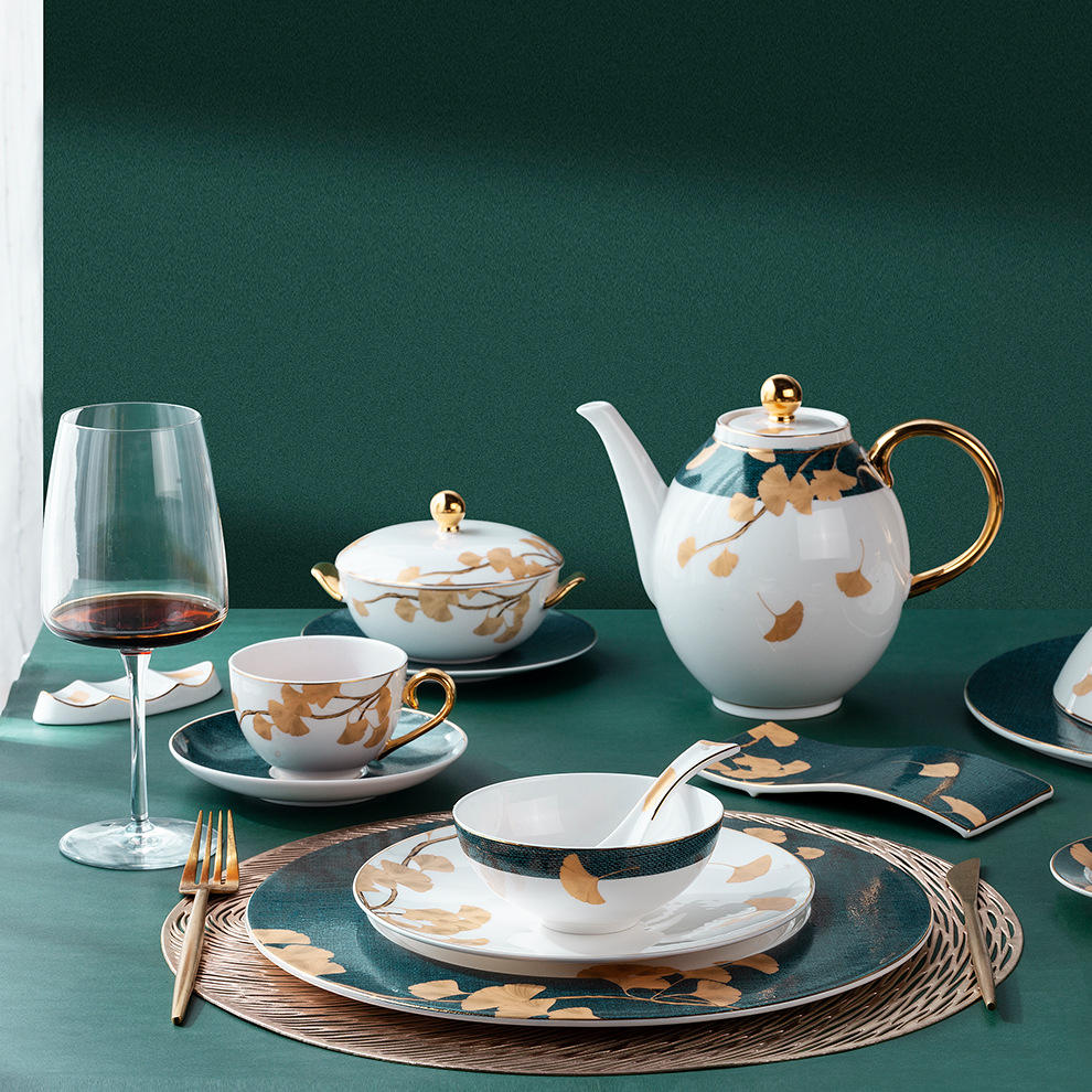 酒店餐具陶瓷套装中餐宴会骨瓷餐具银杏叶高级感骨瓷陶瓷餐具碗盘