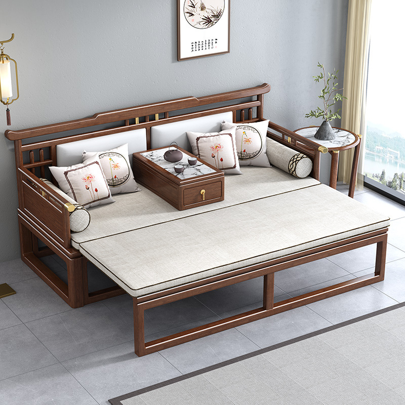 实木罗汉床新中式胡桃木小户型现代客厅禅意推拉床伸缩两用沙发床