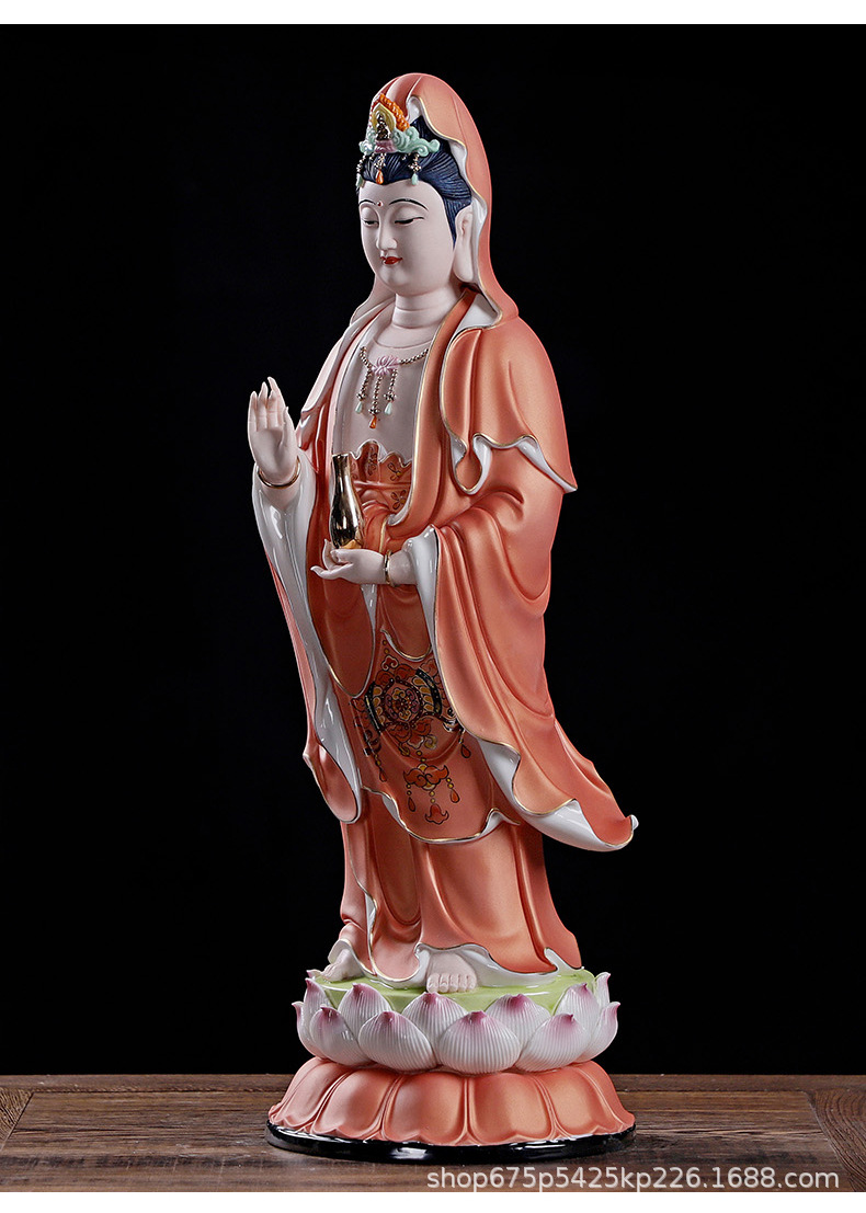 宴扬艺瓷18吋立荷观音菩萨天青衣彩绘佛像居家供奉家供观世音摆件