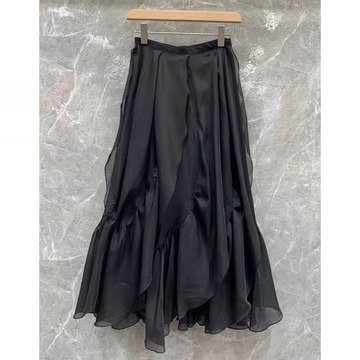 高ji感小个子高腰欧根纱黑色半身裙女夏不规则纱裙裙子设计感小众