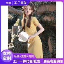 黄色旗袍2023年新款改良夏季年轻款少女新中式连衣裙气质文艺代发