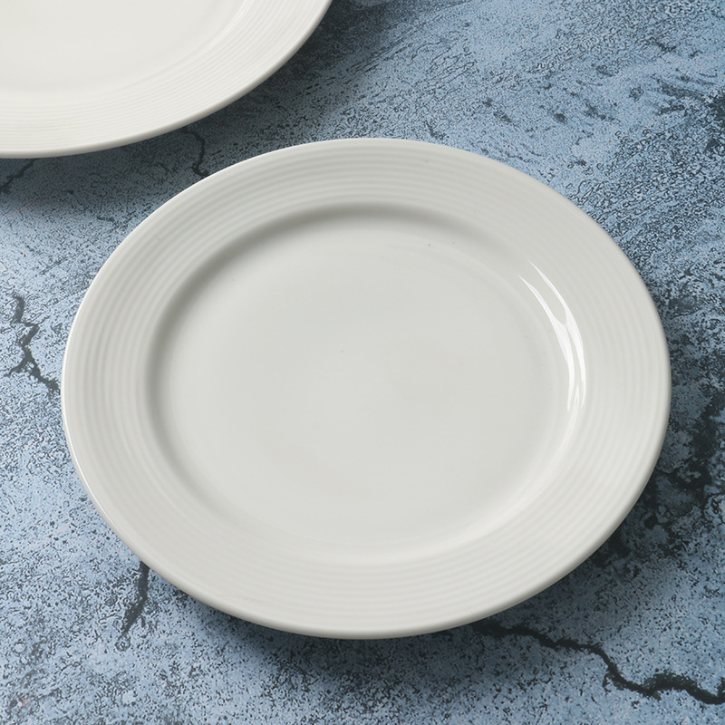 【美国订单】白色简约细纹陶瓷意面盘西餐牛排盘 家用酒店盘子盘