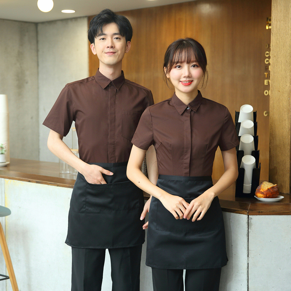 餐饮服务员工作服夏装女西餐厅咖啡店火锅蛋糕店短袖衬衣工装套装