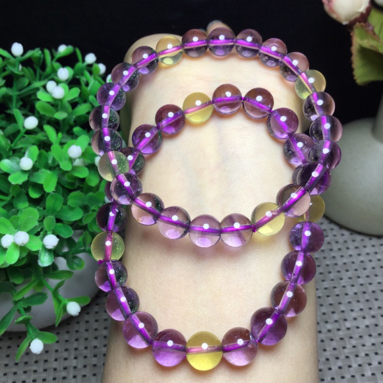 天然巴西紫黄晶手链 紫水晶干净体微棉拼色紫黄晶单圈圆珠手串8mm