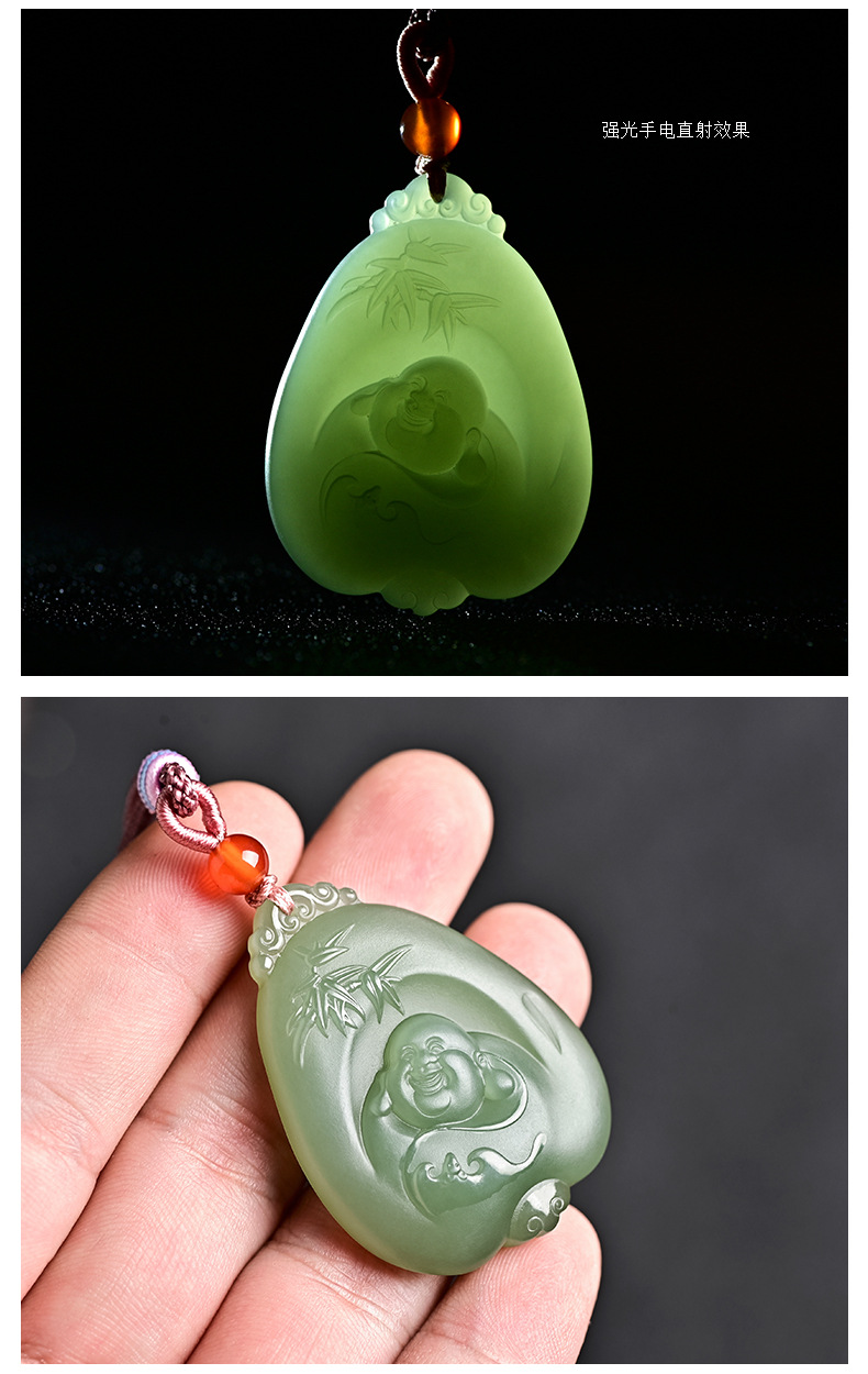 和田玉自在佛吊坠挂件玉牌平安佛玉石大肚弥勒佛毛衣链带鉴定证书