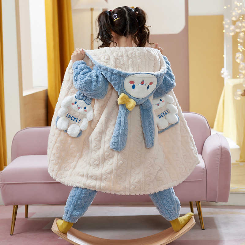 Girls' Pajamas Children's Nightgown Flannel Thick Coral Fleece Autumn and Winter Set Bathrobe Children and Teens' Loungewear Women