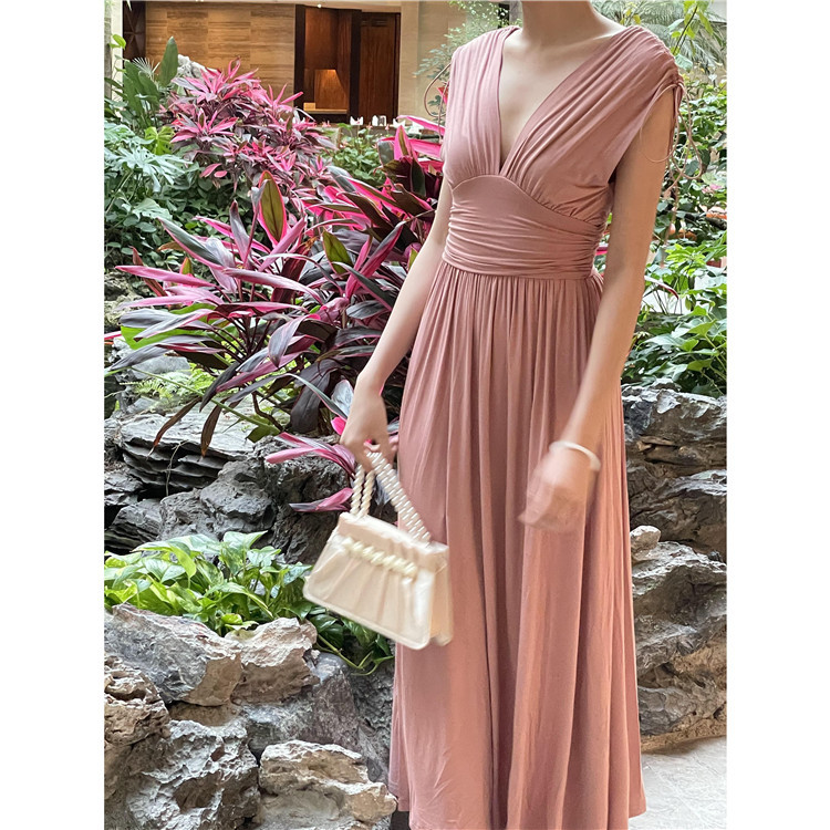 希顿法式复古希腊风莫代尔褶皱中长款连衣裙女春