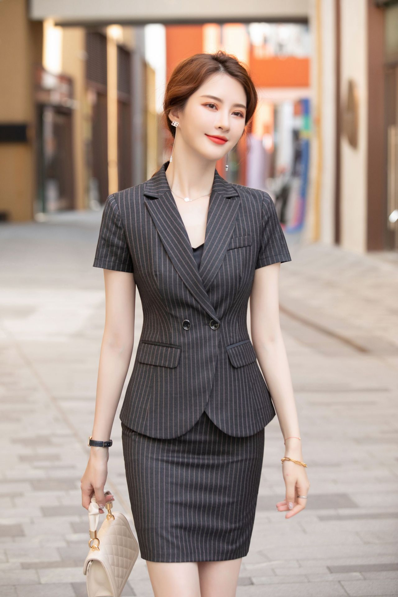 夏季条纹燕尾服短袖职业装女士套裙西装夏季黑色白领女神范工作服