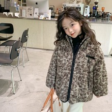 女童豹纹亲子加绒外套2022冬装女宝宝洋气韩版加厚毛毛衣儿童保暖