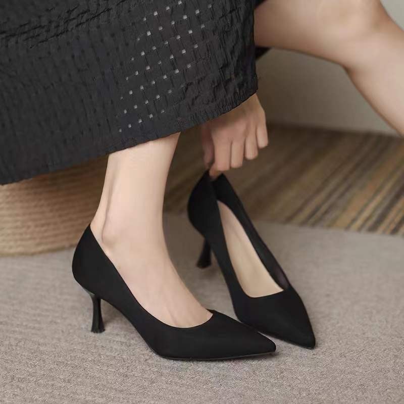 高跟鞋女学生绒面细跟2024年夏季新款职场百搭礼服尖头工作单鞋女