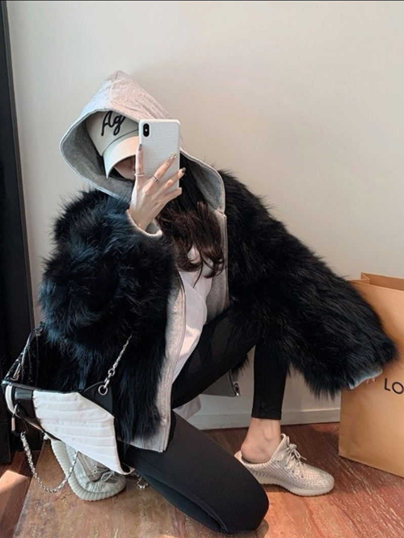 狐狸毛皮草外套女短款2021秋冬假两件拼接仿貂毛加厚连帽毛绒卫衣
