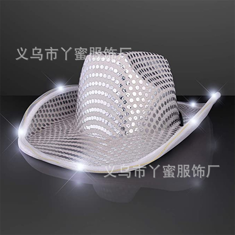 Halloween Party Silver Paillette with Lights Big Brim Eva Composite Shaping Cap Halloween with Lights Cowboy Hat