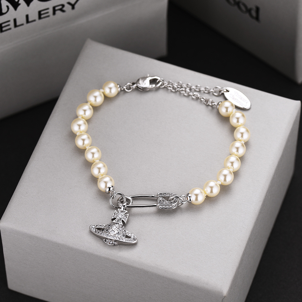 薇薇安西太后土星别针珍珠手链女 ins天然珍珠925银高版本不掉色