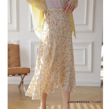 夏季复古新款中长裙一片式开叉高腰显瘦碎花半身裙气质女绿色桔翔