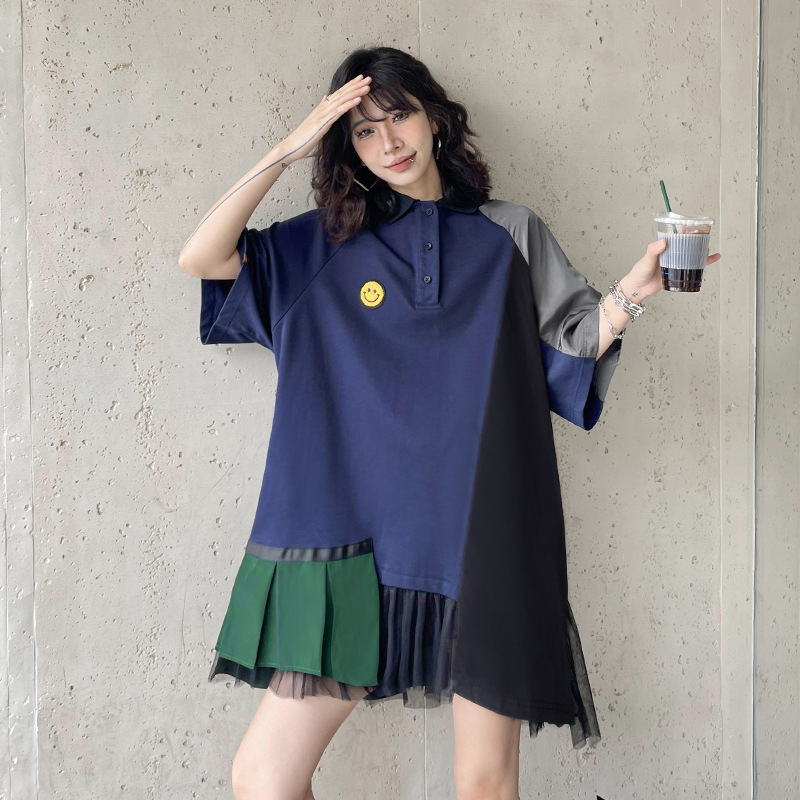 欧洲站撞色拼接网纱polo连衣裙女夏季薄款小个子宽松洋气质t恤裙