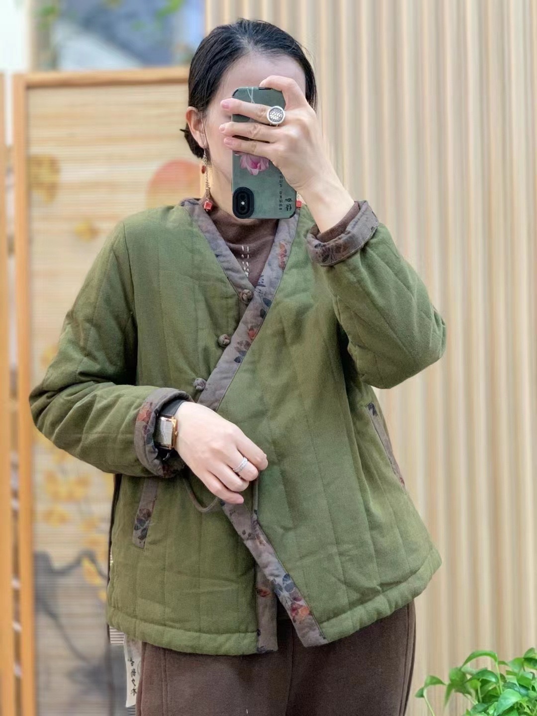 复古斜襟盘扣v字领亚麻斜襟夹棉外套冬宽松休闲百搭保暖禅意棉服