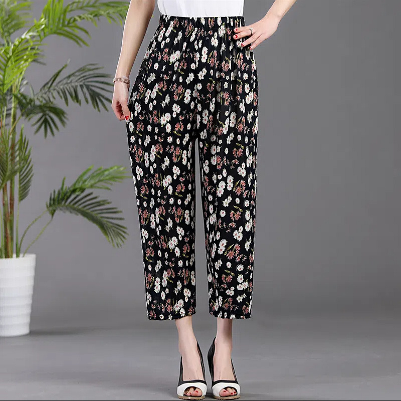 Summer Middle-Aged Mom Women's Pants Ice Silk Cool Pants Loose Large Size Colorful Pants Elastic Waist Cropped Pants Casual Pants