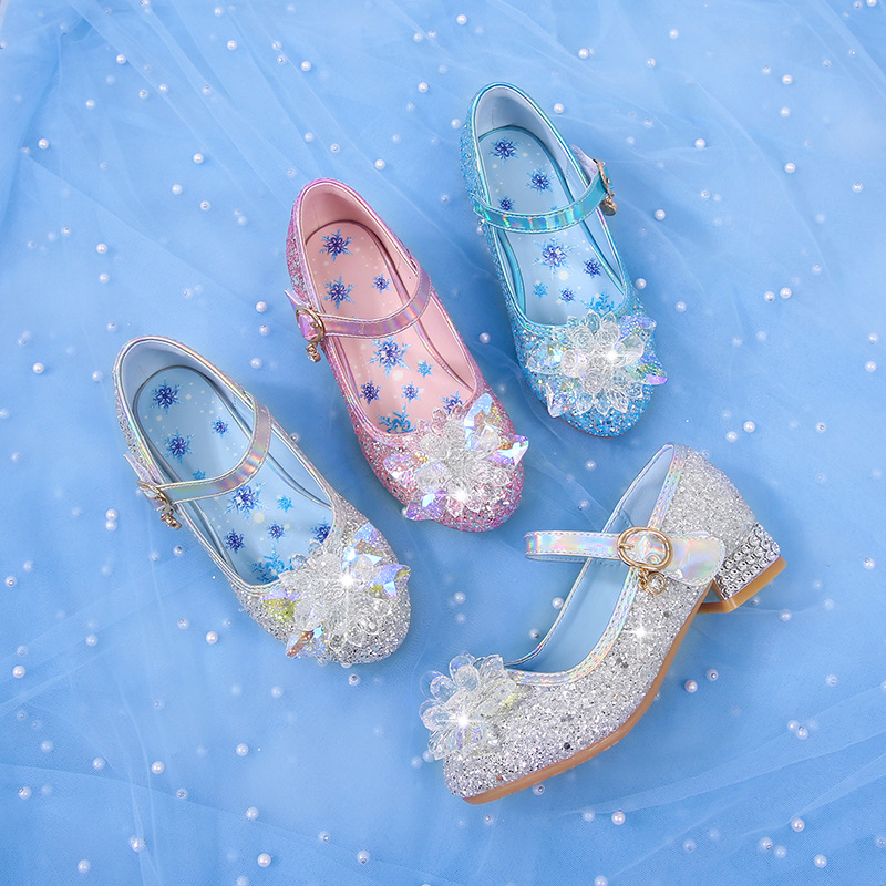 爱莎公主鞋2021新款小女孩舞蹈演出水晶鞋儿童小皮鞋艾莎软底跟鞋