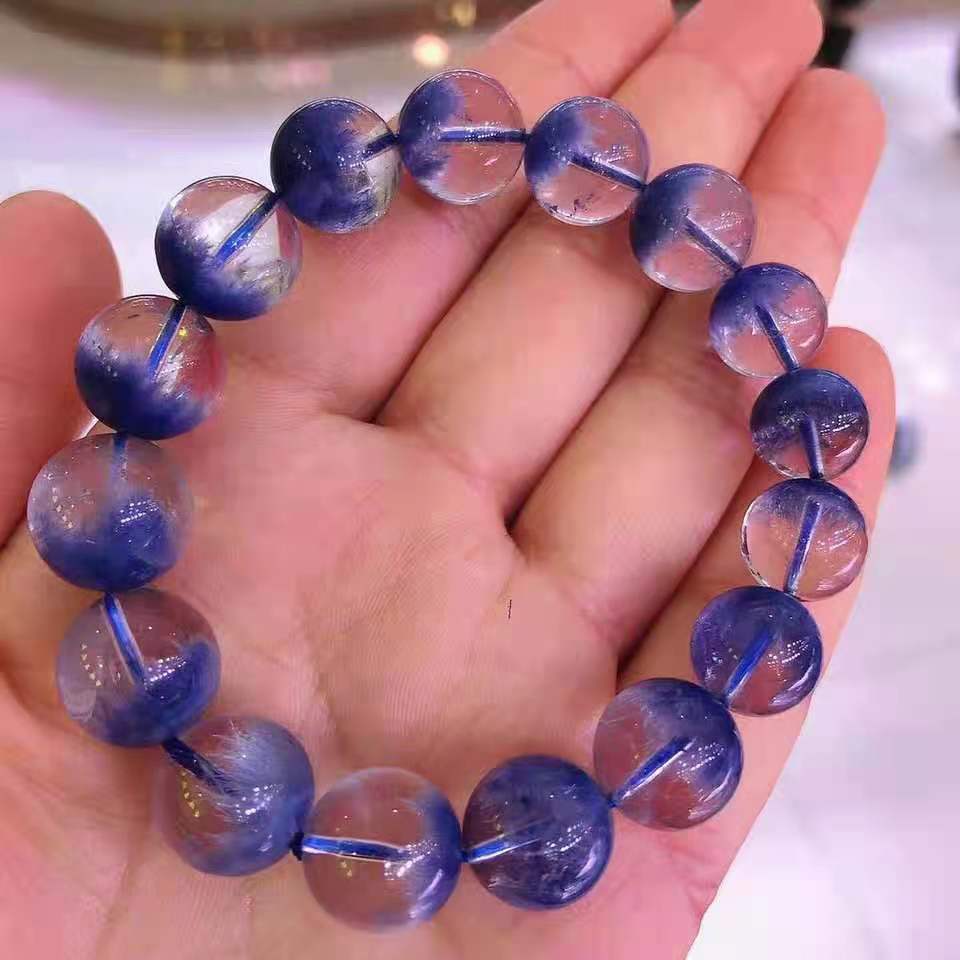 福晶源 天然蓝发晶蓝线石花水晶手链蓝绒晶手串三圈单圈巴西批发